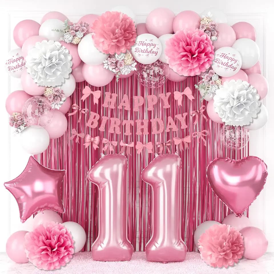 11th Birthday Decorations Girls Pink Number 11 Balloon Bow Coquette Party