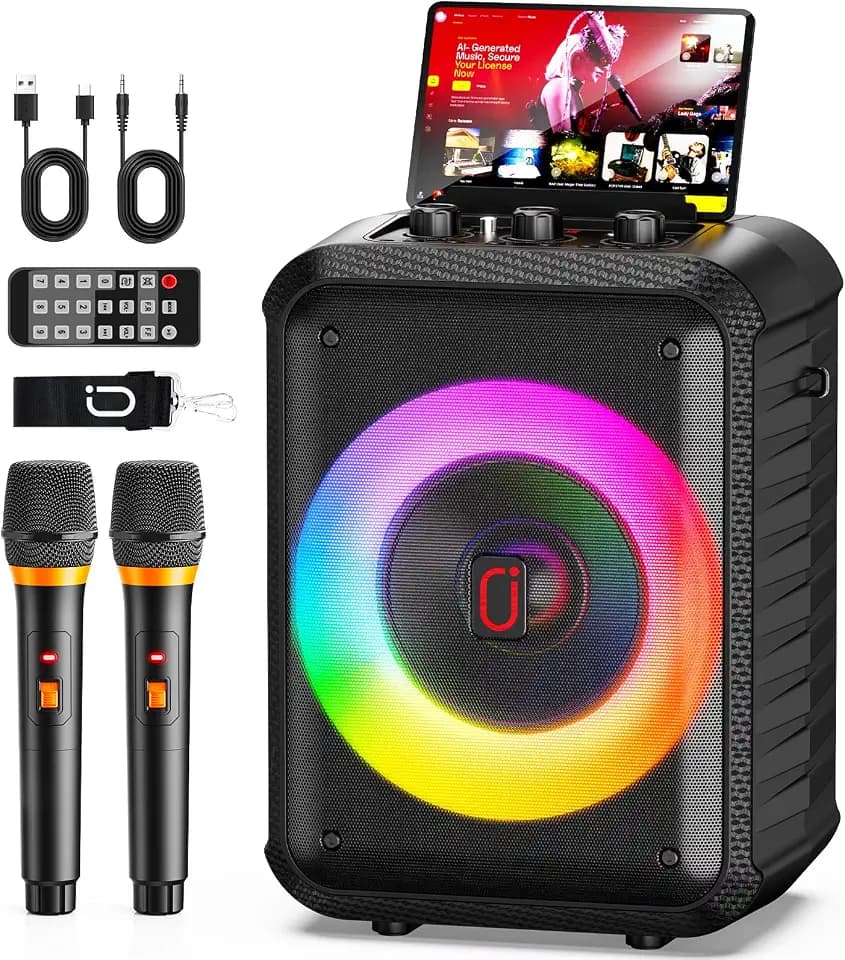 HWWR Karaoke Maschine mit 2 Mikrofonen, tragbare Bluetooth 5.3 Karaoke Anlage mit RGB-Lichtern, 80W PA-System mit HiFi-Klang, für Home-Partys, Erwachsene und Kinder, TF-Karte/USB/AUX/TV