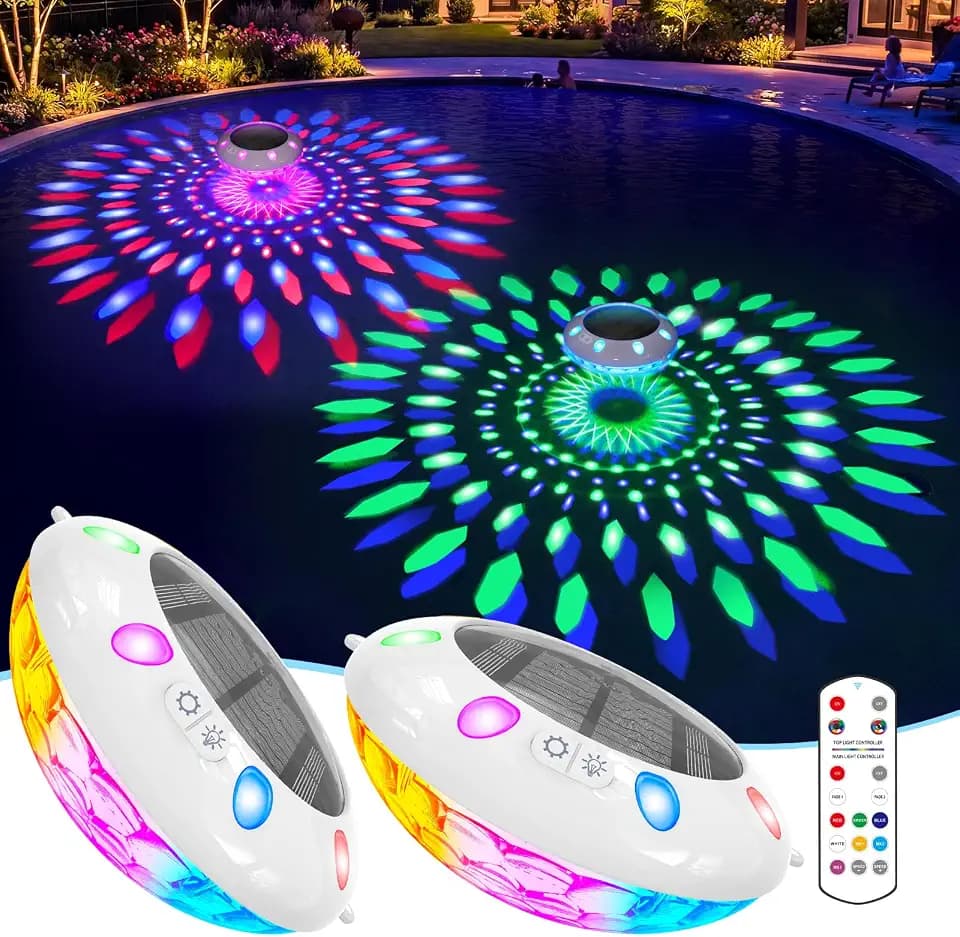Floating Pool Lights w/Remote, 6.5" Upper & Lower Dynamic LED Color Changing Solar Pool Lights that Float, IP68 Waterproof Solar Floating Light for inground Pools Wedding Party Decor(2)