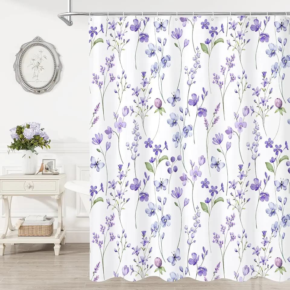 Litabel Watercolor Floral Shower Curtain, Lavender Butterfly Flower Shower Curtain for Bathroom, Modern Minimalist White Waterproof Fabric Shower Curtain Set, 72x72 Inch