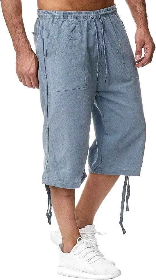 Herren Leinen Shorts Strand Shorts Sommer Loose Fit Casual Kordelzug Taschen Urlaub Hosen mit Taschen