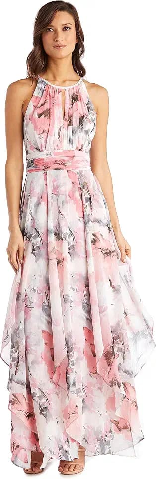 R&M Richards Women's Floral Chiffon Maxi Dress - Sleeveless Halter Neck & Hankie Hem Flowy Daytime Spring Summer Wear