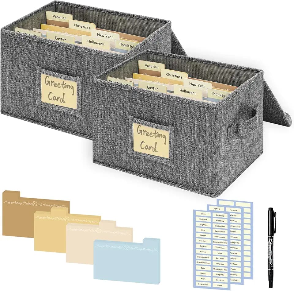 Greeting Card Organizer, Card Organizer Box with 40 Dividers, 168 Label Stickers, and 2 Markers, Stylish Greeting Card Storage Box for Effortlessly Collecting Greeting Cards. 2 Pack, Grey