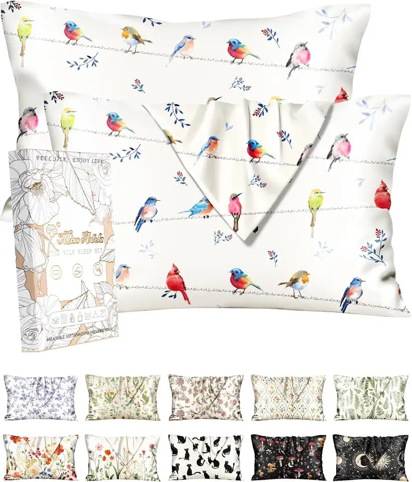Miss Adola Silk Pillowcases, 2 Pack, King Size, Watercolor Bird