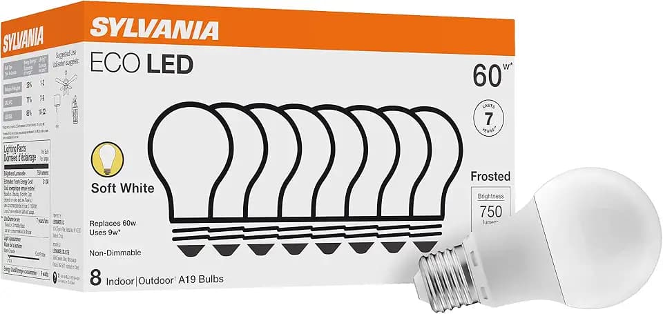Sylvania ECO LED Light Bulb, A19 60W Equivalent, Efficient 9W, 7 Year, 750 Lumens, 2700K, Non-Dimmable, Frosted, Soft White - 8 Pack (40821)