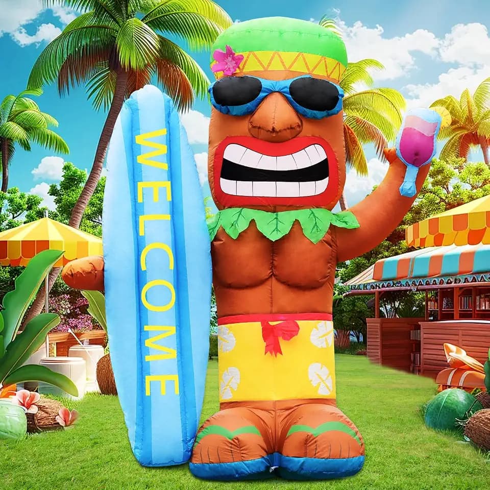 DomKom 5FT Tiki Luau Inflatables, Tiki with Surfboard and Wine Glass, Hawaiian Summer Tropical Beach Blow up Party Decor Party Giant Yard Decoration, Outdoor Built-in LED Lights Lawn Holiday Outside