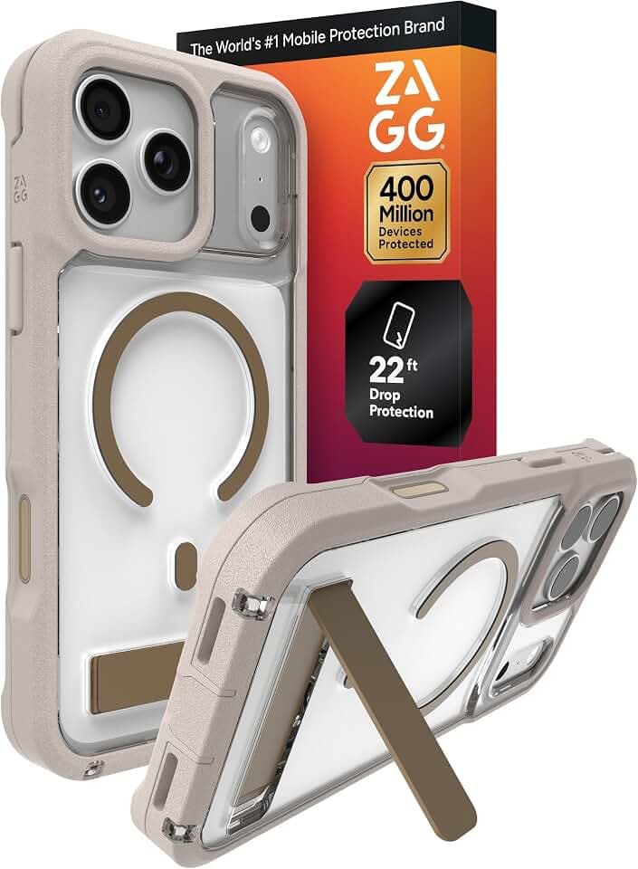 ZAGG Rainier Case with Kickstand for iPhone 17 Pro Max - Gray Sandstone, Graphene 22ft (7m) Drop Protection, Lanyard Attach Points, MagSafe, Wireless Charging Compatible, 2-Piece Design, Phone Case