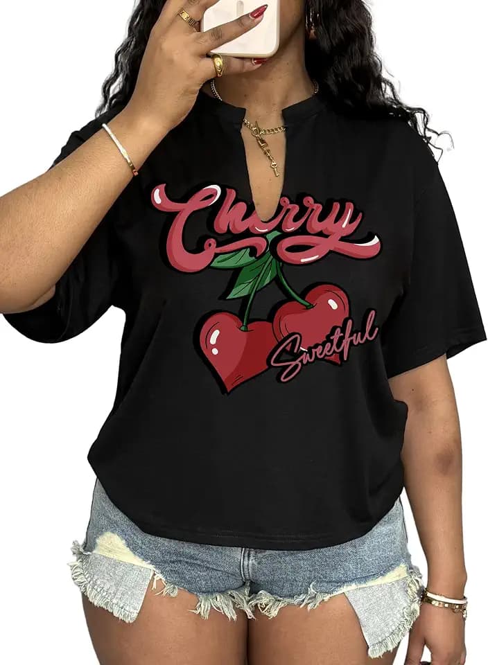 LovelyWholesale Womens Oversized Graphic Tees V Neck Summer Casual Short Sleeve T Shirt