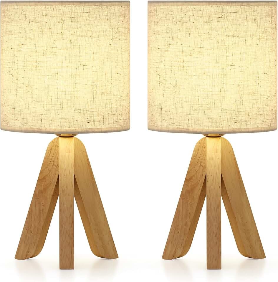 2er Set Tischlampe mit Holz-Stativ und Leinenschirm, Schaltbare Nachttischlampe mit Kabel-Schalter für Schlafzimmer, Wohnzimmer - Warmweißes Dekolicht (Ohne Birne)