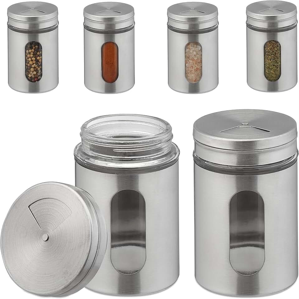 Relaxdays Gewürzstreuer, 6er Set, 3 Streugrößen, Gewürze & Kräuter, XL Gewürzgläser, 290 ml, Glas & Edelstahl, Silber