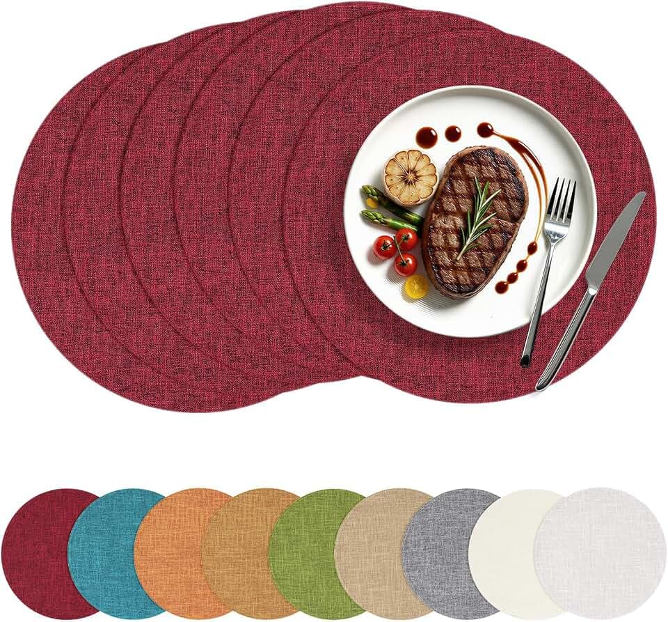 homing Faux Cotton Linen 15 Inch Round Cloth Place mats, Set of 6, Red