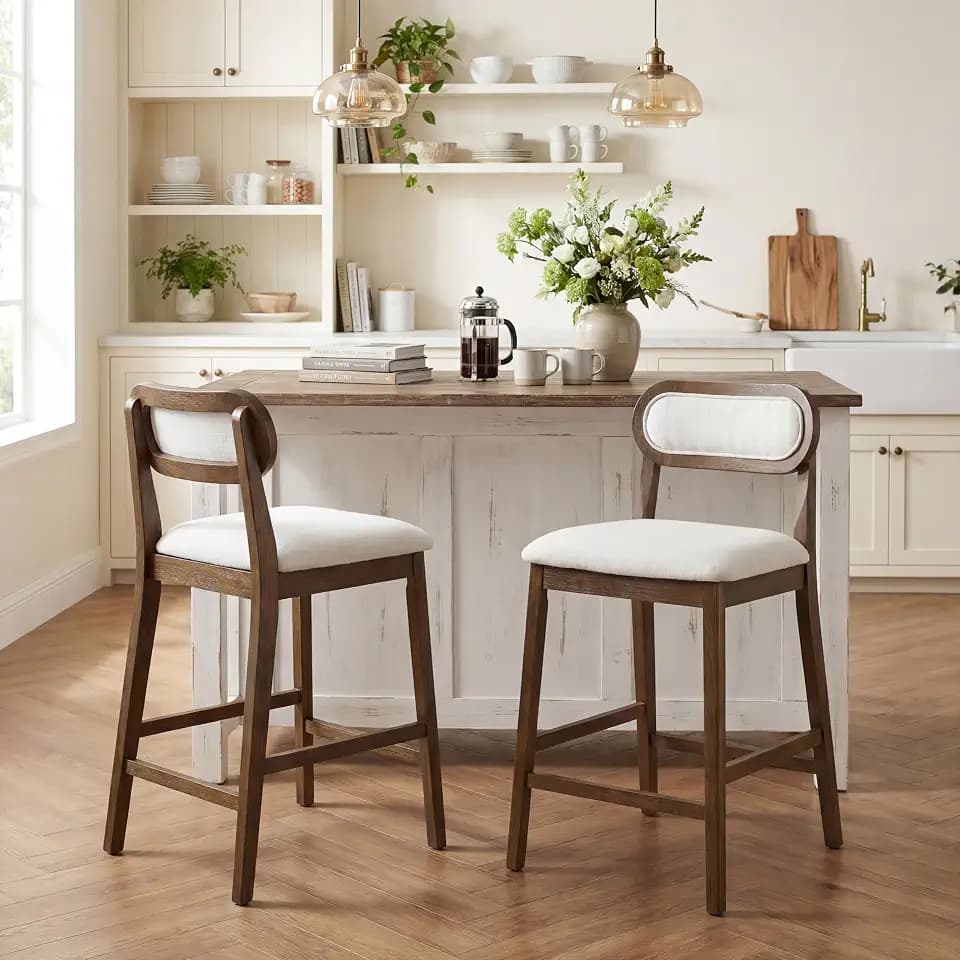 Christopher Knight Home Kaylin Modern Counter Height Bar Stools Set of 2, Upholstered Bar Stool for Kitchen Island, Rubberwood Dining Room Chair, Counter Stool with Footrest, Brown+Beige