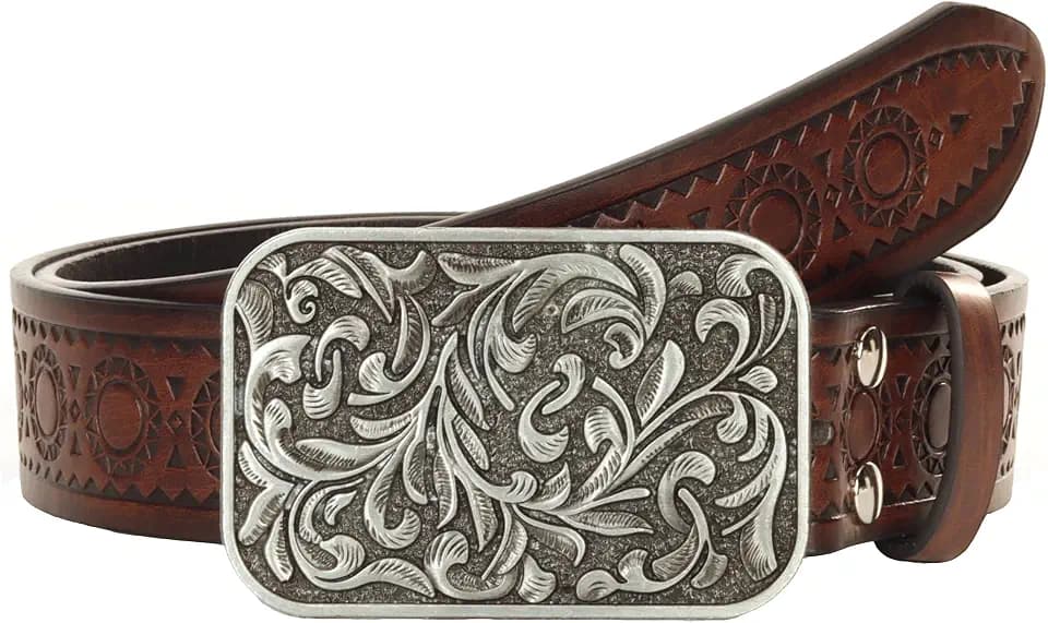 Western-Cowboy-Leather-Belts Men Women Turquoise-Oval-Buckle Embossed Belt