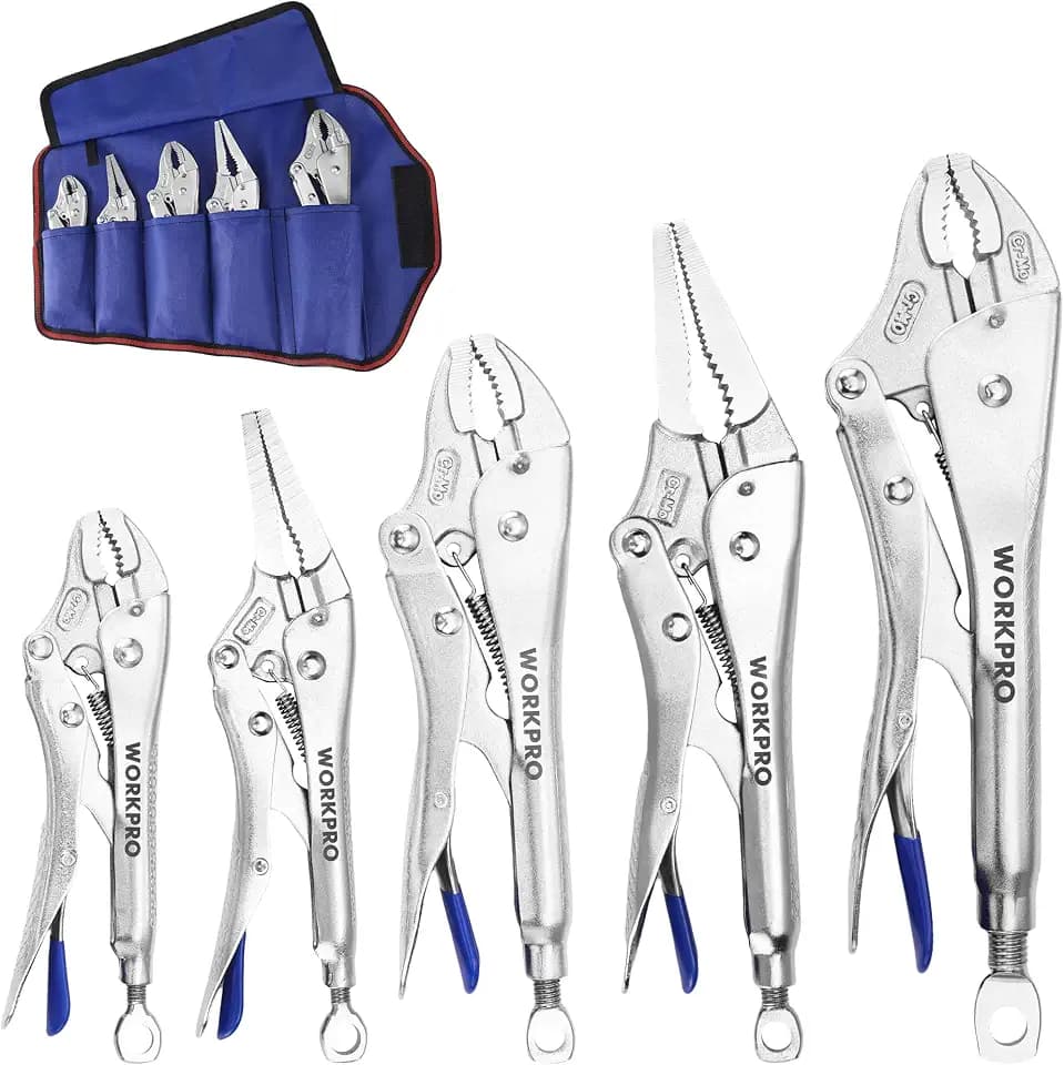 WORKPRO 5-Piece Locking Pliers Set, 5"/7"/10" Curved Jaw & 6.5"/9.5" Long Nose, CR-MO Steel Construction with Perforated Screw, Multipurpose Clamping Tool Kit for Automotive, Welding, and Home DIY