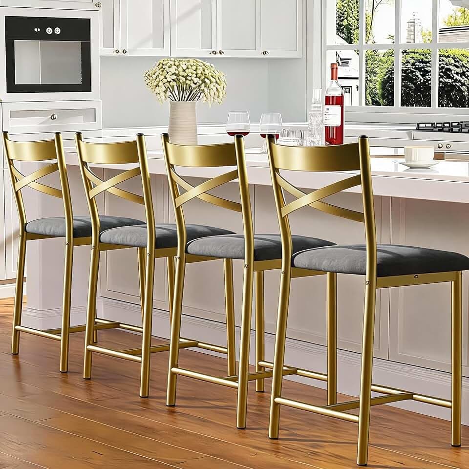 22“ Bar Stools Set of 4, Metal Counter Height Bar Stools with Backs,Gold