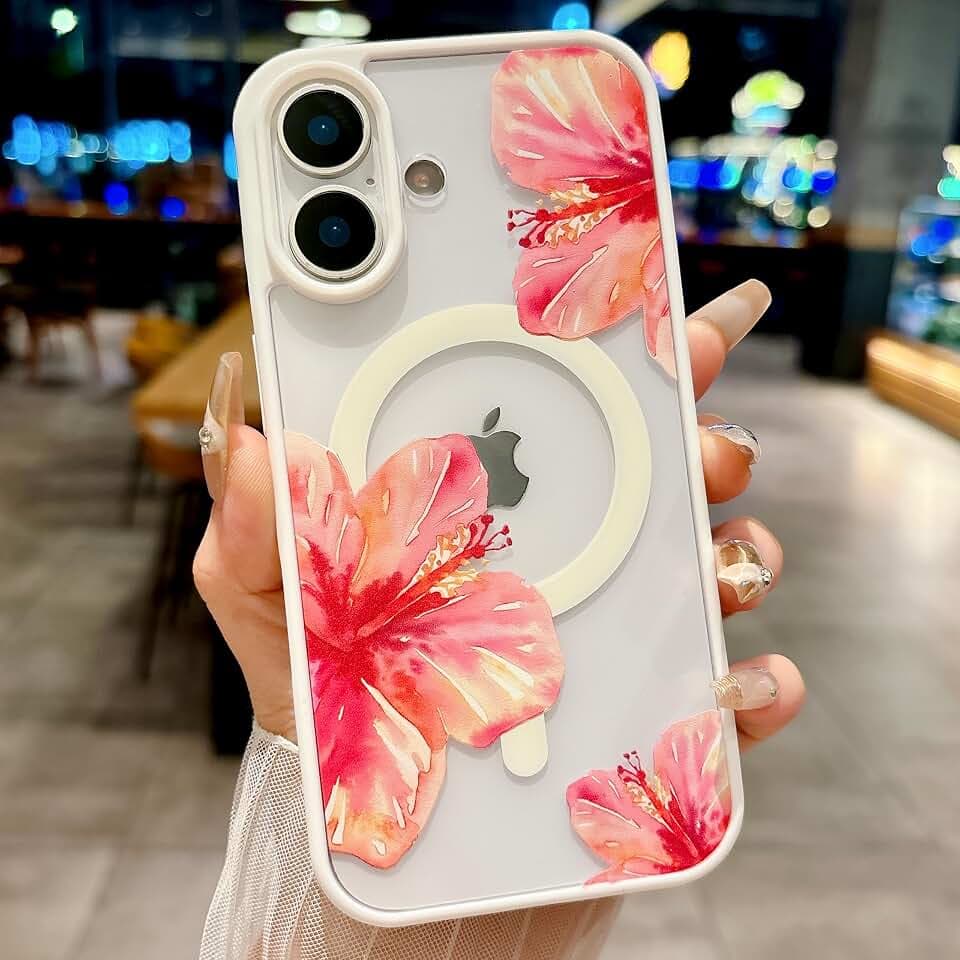Magnetic for iPhone 16 Case [Compatible with MagSafe] Cute Trendy Hibiscus Flower Pattern Design for Summer Hawaiian, Translucent Shockproof Protective Case for Girls Women-White