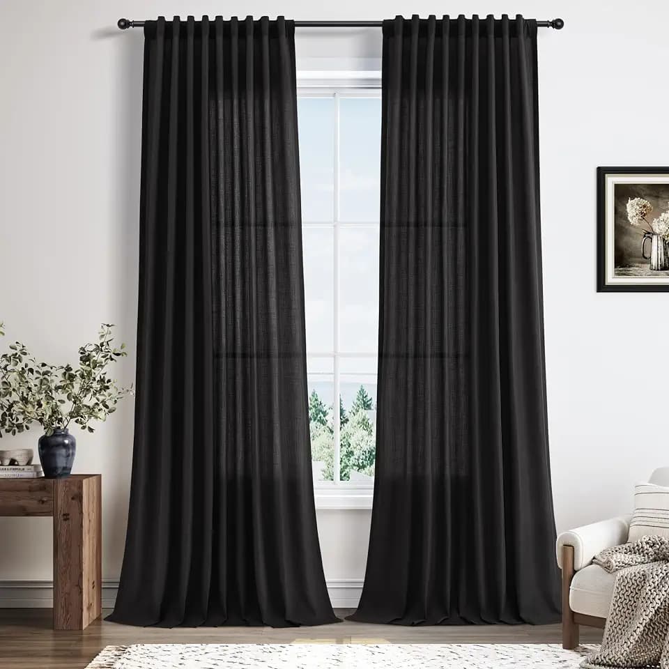 Nanspring Linen Curtains 96 Inch Long 8FT for Living Room Hook Belt Black