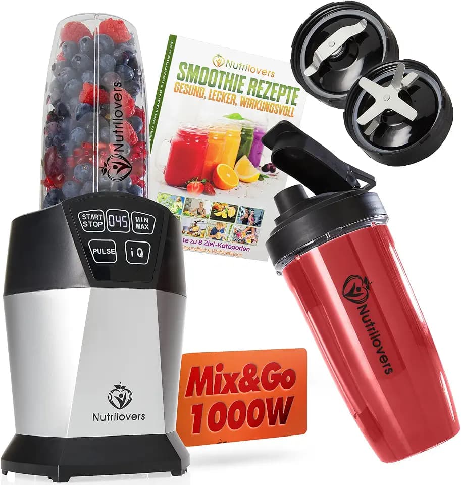Nutrilovers Smothiemaker NUTRI-BLENDER Smoothie-Maker to go 1000 Watt Mixer Smoothies Auto-IQ, BPA-frei, Inkl. Rezeptbuch, 2x Becher & Zubehör