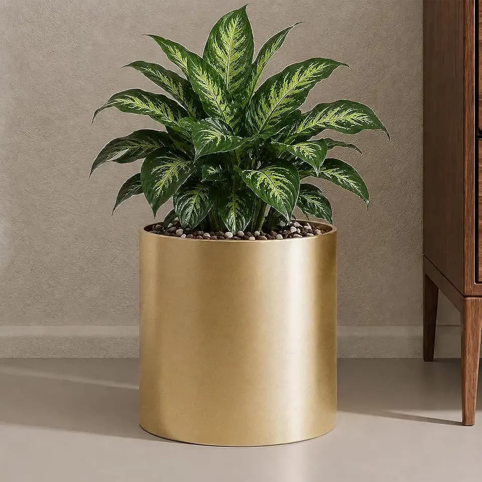 10 Inch Gold Metal Plant Pot with Drainage Hole, Indoor Outdoor