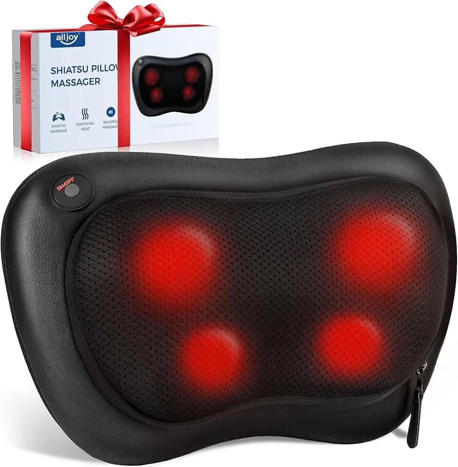 ALLJOY Massagekissen mit Wärmefunktion – Shiatsu Nackenmassagegerät für Zuhause & Büro, 3D Rotierende Massageköpfe für Schulter & Rücken, PU-Leder, Idee Geschenk für Männer/Frauen