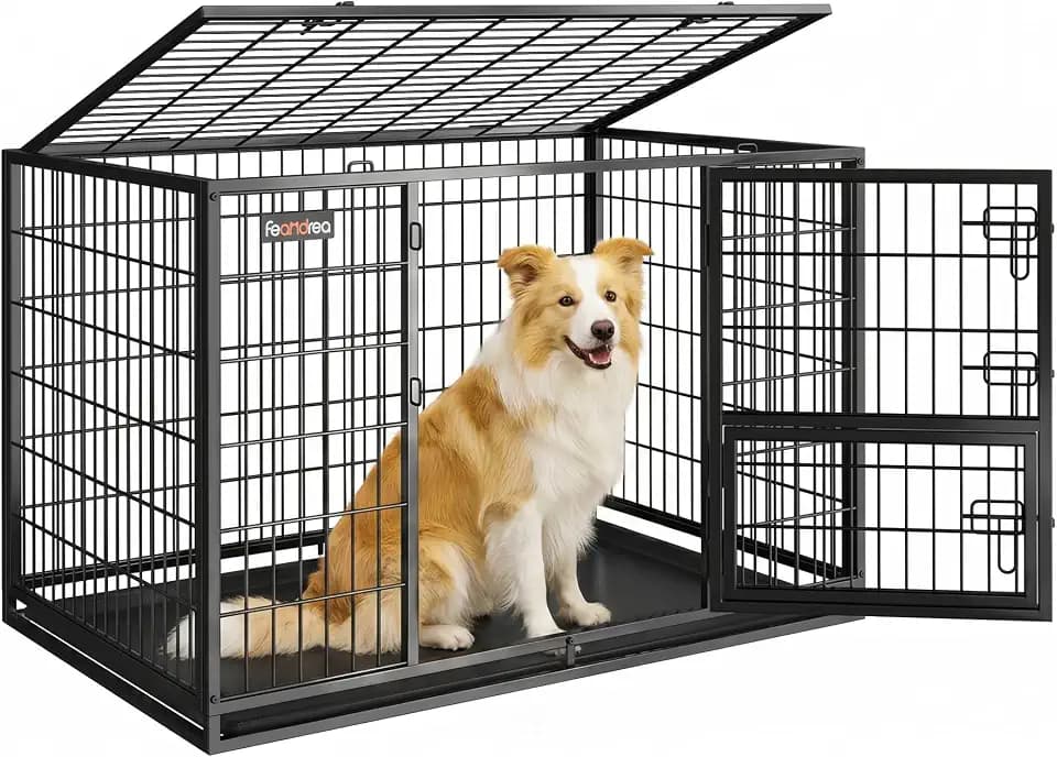 Feandrea 42.1" Heavy-Duty Dog Crate, Convenient Feeding Door, Double Doors
