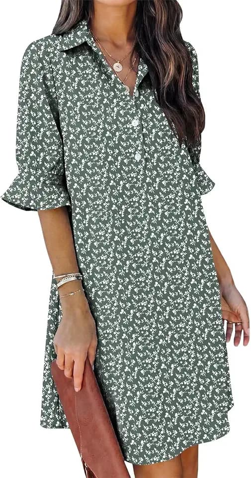 FEKOAFE Womens Casual Dress V Neck Short Sleeve Shift Dresses with Pockets