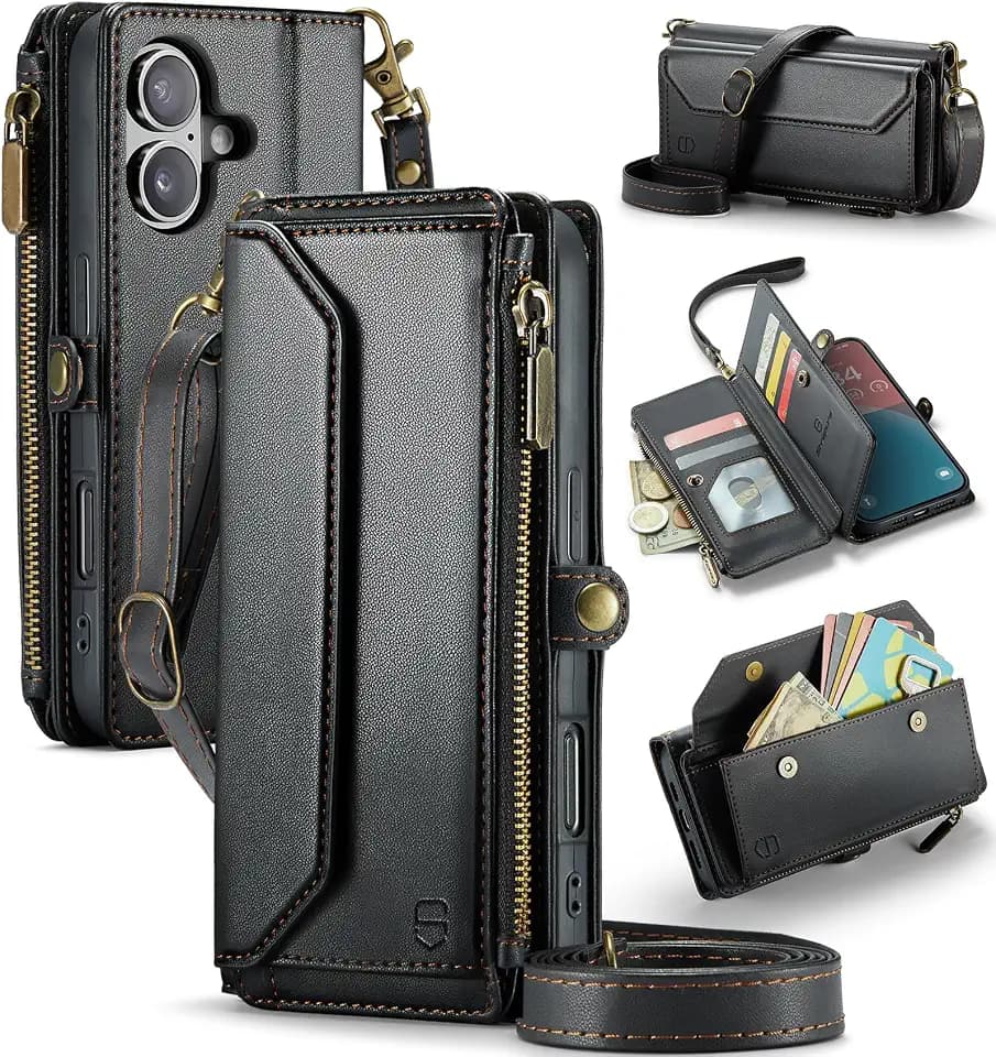 Strapurs for iPhone 16 - Zipper Strap Wallet Case for Women, Black
