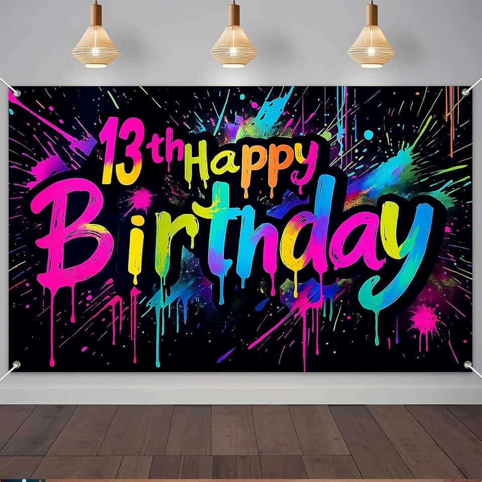 IVN 13th Happy Birthday Banner 71x43 Inch Rainbow Neon Splatter Entryway