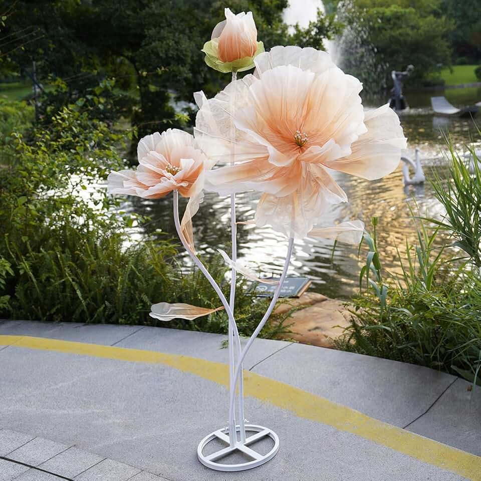 Giant Artificial Flower Decor,Oversized Gradient Organza Flower with Bendable Stem,DIY Shape Fake Flower Sculpture with Heavy Weighted Base for Wedding,Event,Party & Photo Backdrop (Champagne)