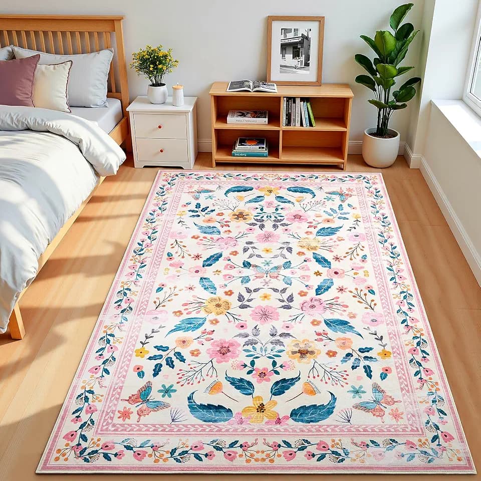 Terrug 4x6 Pink Floral Area Rug for Bedroom,Boho Machine Washable Ultra-Thin Rugs with Non-Slip Blacking for Living Room,Large Flower Carpet for Dining Room Playroom Floor Decor