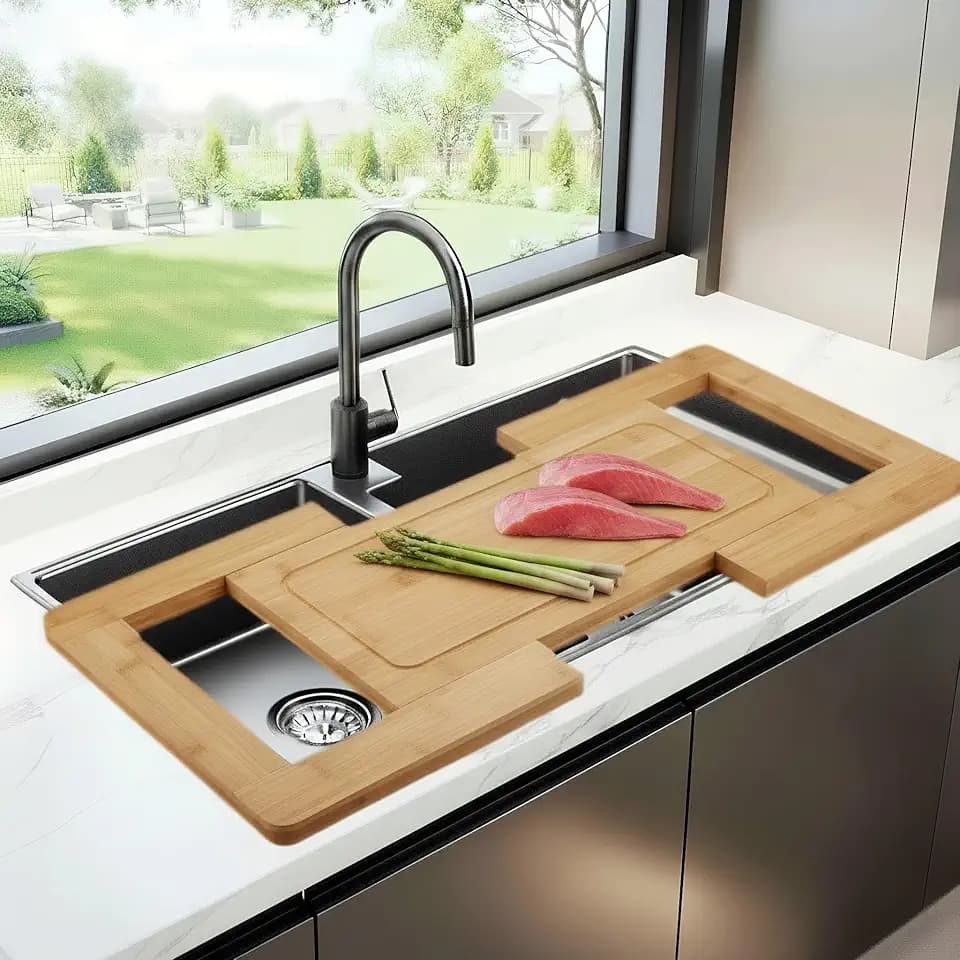 Kitchen Over The Sink Cutting Board - Expandable Cutting Board Over Sink, Bamboo Cutting Boards with Juice Groove [2025 UPGRADE]