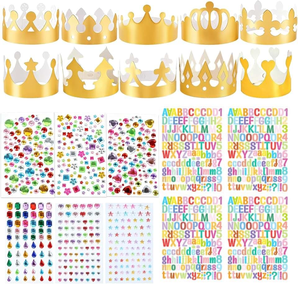 CATELL 20 Stück Kronen Basteln Kindergeburtstag mit 4 Blätter Alphanumerische Aufkleber＆ 6 Blätter Selbstklebende Strasssticker Papier Krone Partyhüte für Prinzessin Königin Prinz Geburtstagsparty