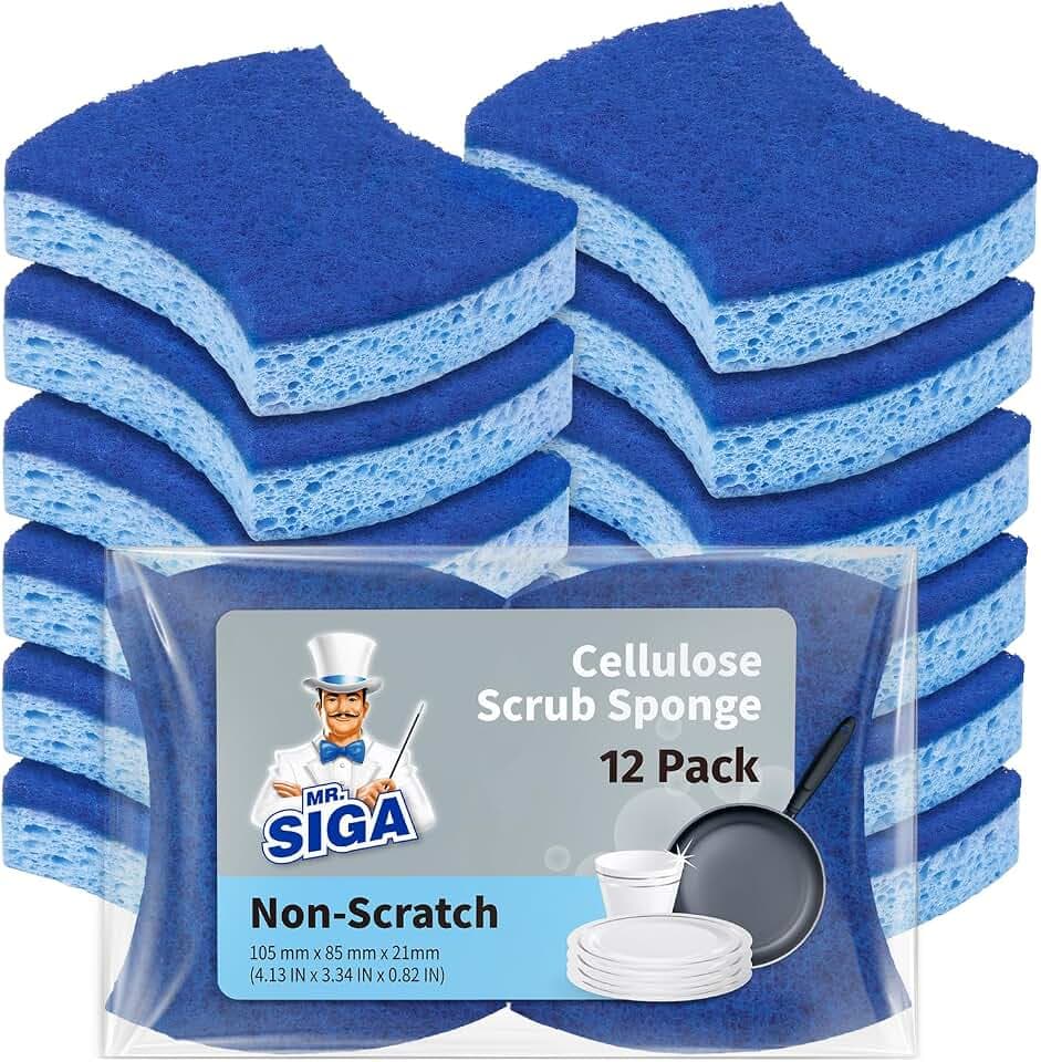 MR.SIGA Non-Scratch Cellulose Scrub Sponge, Dual-Sided Dish Sponge, 12 Pack