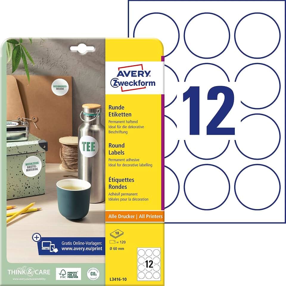 AVERY Zweckform L3416-10 Runde Etiketten (120 Klebepunkte, Ø60mm auf A4, runde Aufkleber zum Bedrucken, selbstklebende Produktetiketten, permanent haftende Marmeladenetiketten) 10 Blatt, weiß