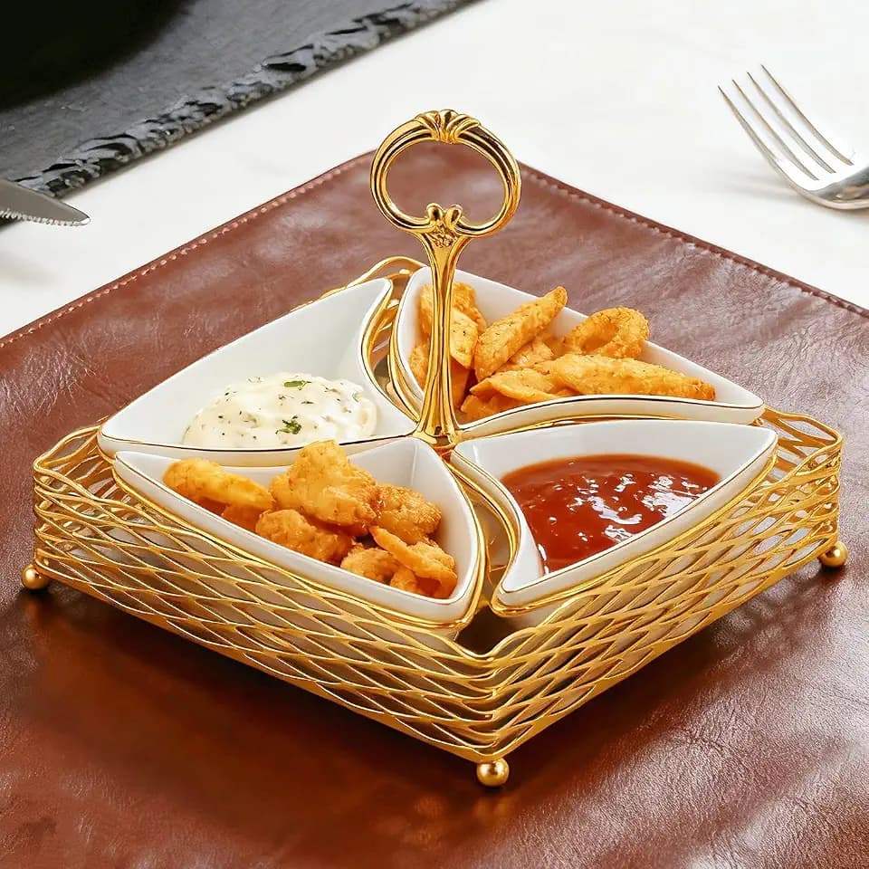 Appetizer Serving Tray,4-Compartment Divided Serving Tray,Ceramic Relish Tray,Chip and Dip Serving Set with Stand,Modern Glam Snack Platter for Appetizers, Fruits, Nuts, Candy, Party Entertaining