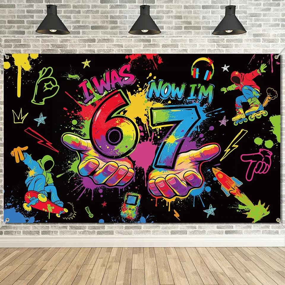 6 7 Birthday Decorations Funny 6 7 Meme Booth Backdrop Six Seven Birthday Party Decoration Birthday Photo Background Black Watercolor Graffiti Backdrop I was 6 Now I'm 7 Wall Decor