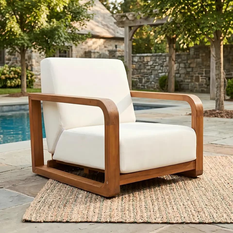 Merax Patio Chair with Thick Cushion & Acacia Wood Frame, Oversized 24" Deep Seat Armchair for Outdoor Porch Backyard Balcony Garden, All-Weather Single Lounge Chair, Teak Finish, Natural + Beige