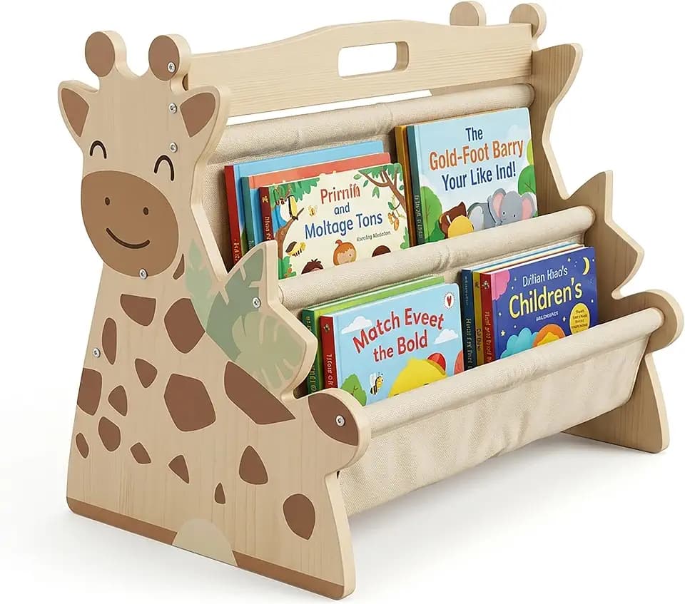 Relaxdays Bücherregal Kinder, Holz, 4 Stofffächer, beidseitig, Natur