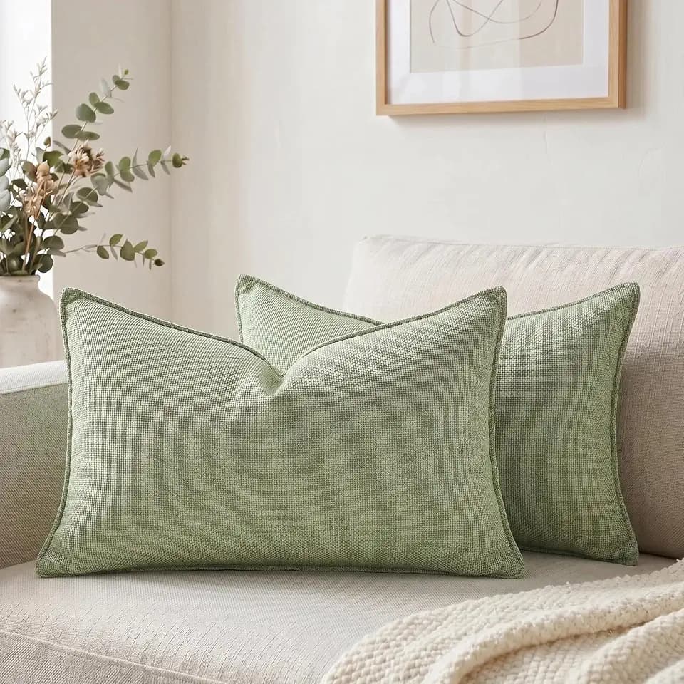 Fancy Homi Set of 2 Sage Green 12x20 Inch Soft Chenille Decorative Throw Pillow Covers with Flange Edge, Lumbar Neutral Modern Boho Textured Cushion Case Home Decor for Couch Sofa Bed Living Room