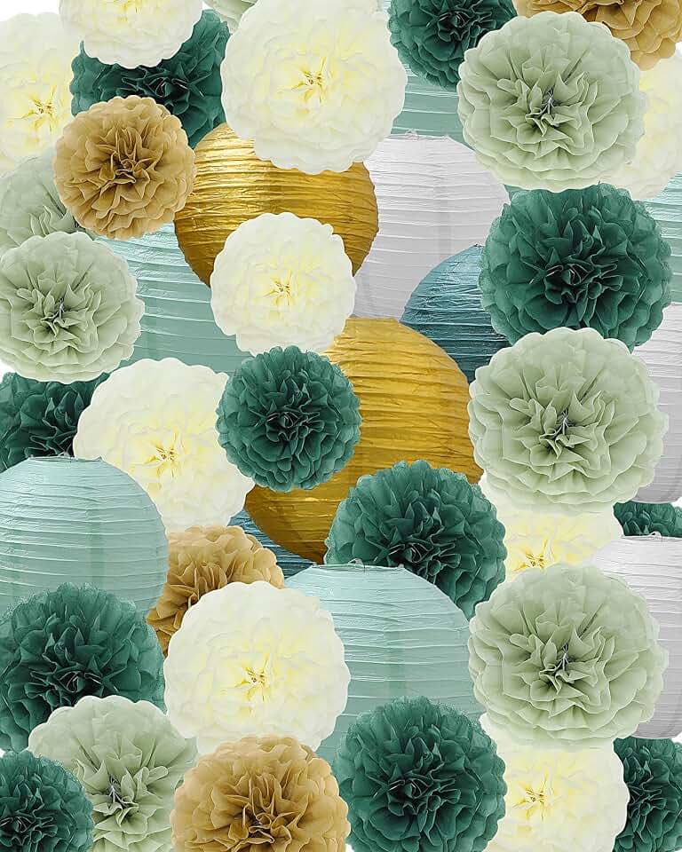 Glooglitter 52 Pcs Sage Gree Party Decorations Sage Gold Cream Tissue Paper Pom Poms Paper Lanterns for Boho Wild Baby Shower Birthday Wedding Engagement Classroom Party Decorations
