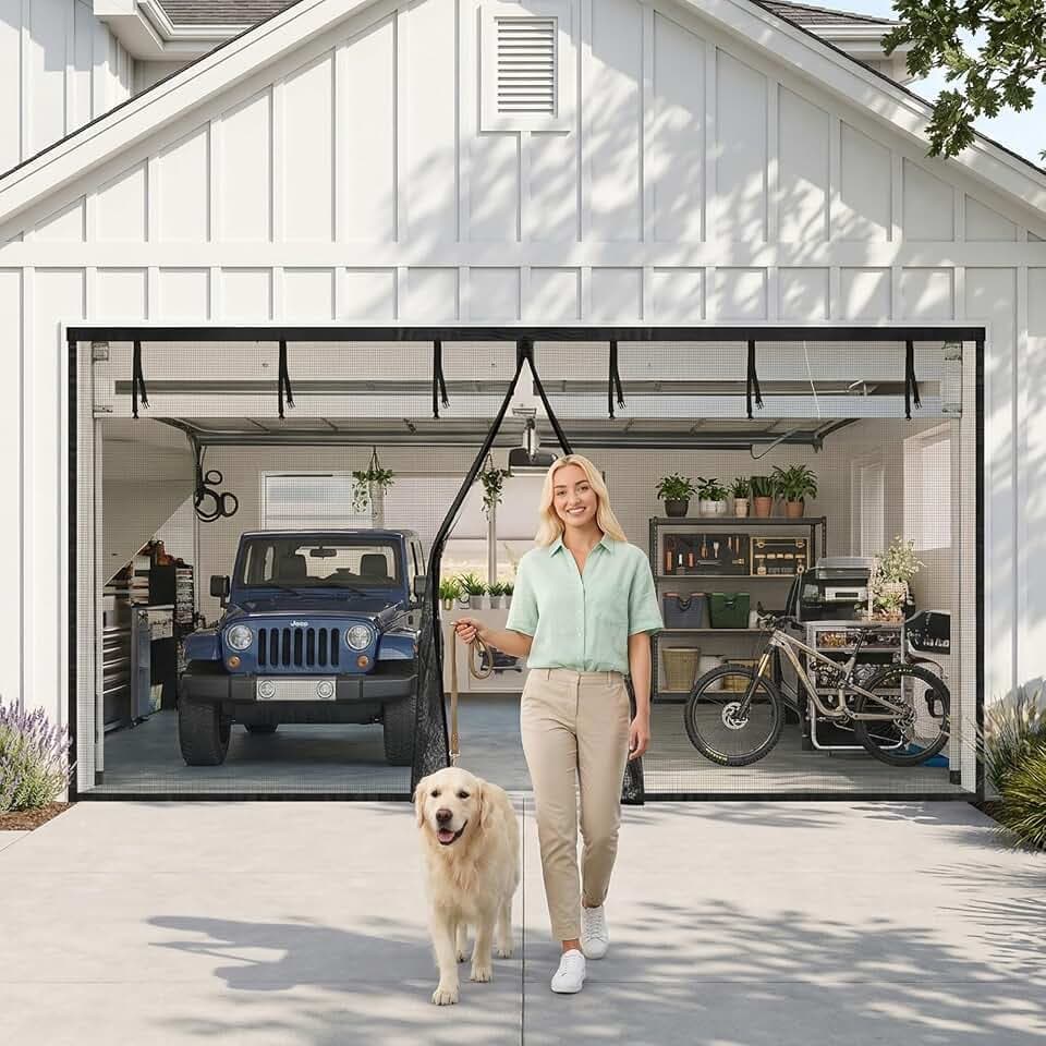 Magnetic Garage Screen Door 2 car- 16x7 FT | Fiberglass Mesh, Magnetic Closure, Tool-Free Setup | Ideal for Garage, Patio, Home Gym, Pet Areas & More