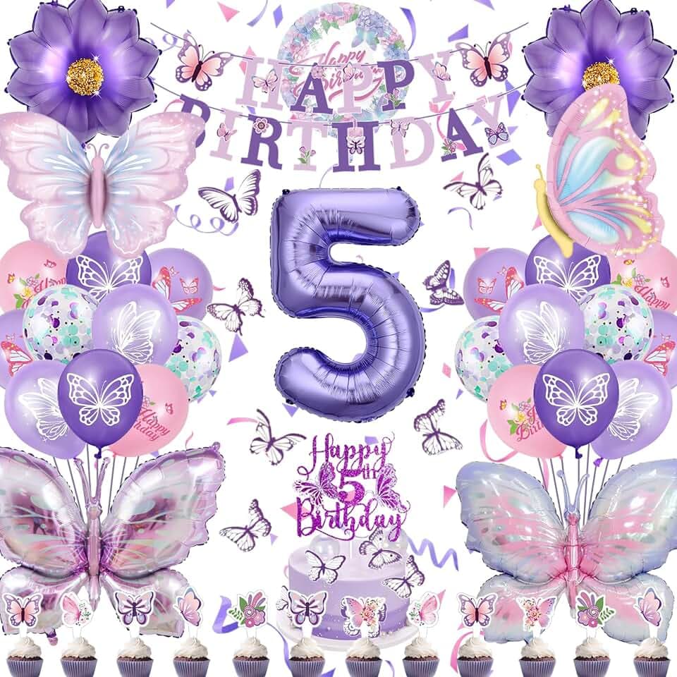 5 Jahre Schmetterling Geburtstag Deko, Geburtstagsdeko Mädchen 5 Jahre Set