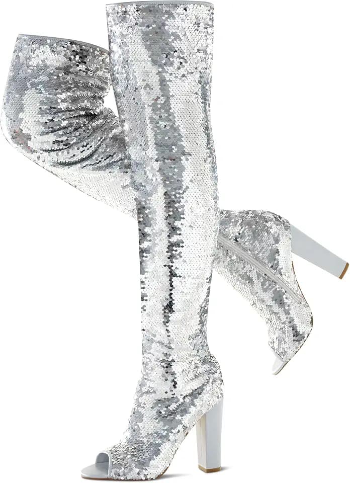 KHPAERMEI Sparkly Thigh High Boots for Women Sexy Sequin Over The Knee High Boots Party Prom Open Toe Chunky High Heels
