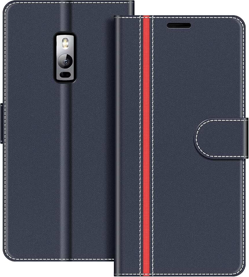 COODIO Handyhülle für OnePlus 2, Leder Flip Case mit Magnetverschluss, Standfunktion, Kartenfach, Dunkel Blau/Rot
