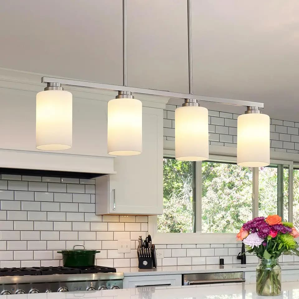 Mecgirn Island Light for Kitchen, Brushed Nickel Dining Room Light Fixture Over Table with Milk Glass Shade, 4-Light Linear Chandelier Pendant Lighting for Dining Table Kitchen Island Living Room