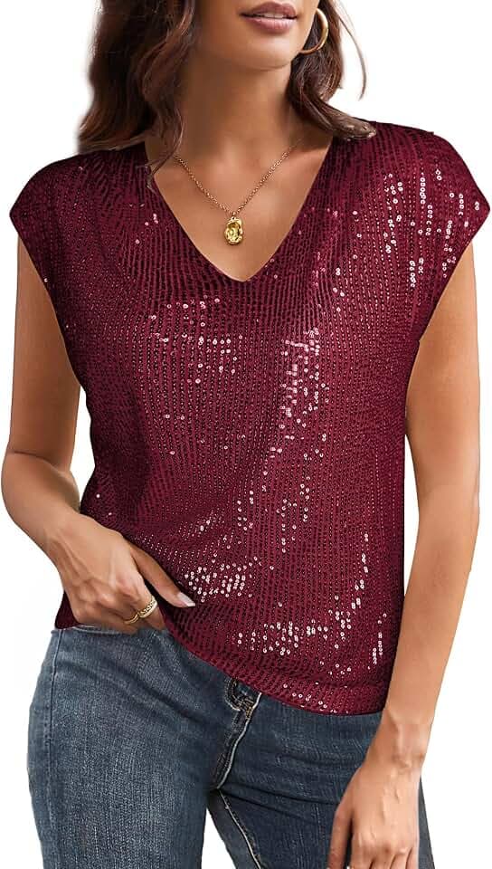 GRACE KARIN Damen Pailletten Bluse V-Ausschnitt Glitzer Oberteile Kurzarm Vintage Paty-Bluse Cocktail Club Night Outfits