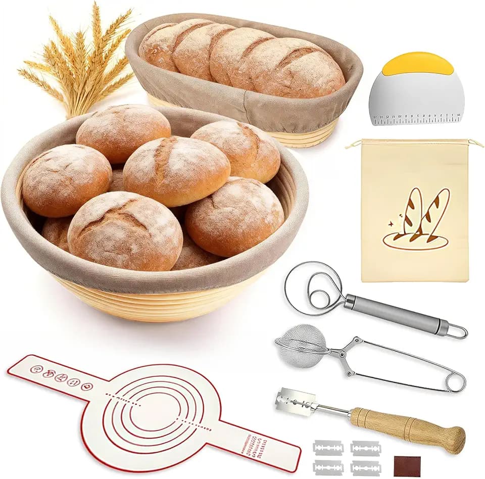 Gärkörbchen, 10-Teiliges Sauerteig Starter Set, 23cm Rund & 25cm Oval Gärkorb, Gärkorb Brot Faltbar inkl. Teigschaber, Brotlamer, Gärtuch & Mehr, Brot Backen Zubehör, Sauerteig Zubehör Set