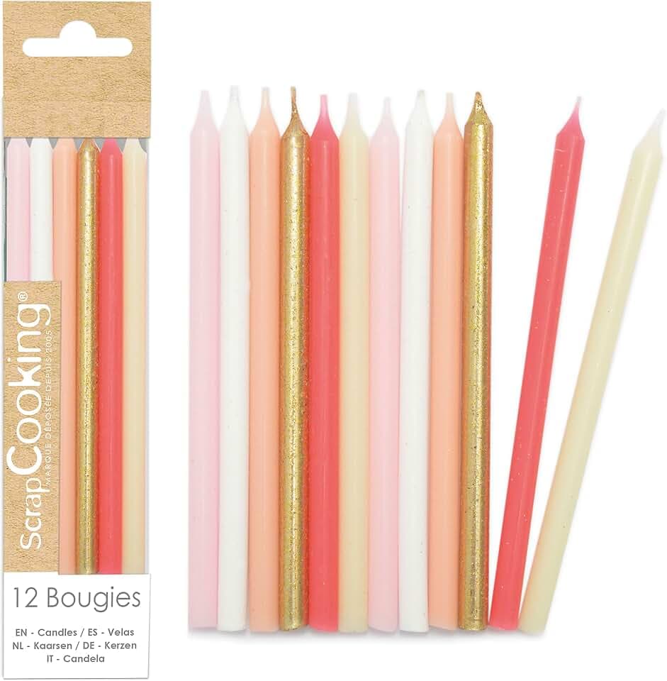 ScrapCooking – 12 lange Kerzen in Rosa & Gold – Kerzen in Gold, Pastellrosa, Koralle & Weiß für Geburtstagskuchen – Dekoration für Kinder und Erwachsene – aus Paraffin mit Spikes – Party Backen – 0359