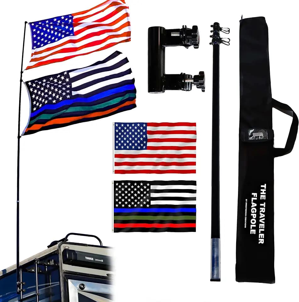 The Traveler Two Flag RV Ladder Flag Pole Kit. Includes Two Beautiful 3’x5’ Flags, Steel RV Flag pole Mount, Fits Standard 1” RV Ladders,14ft Fiberglass Retractable Pole, And A Storage Bag.