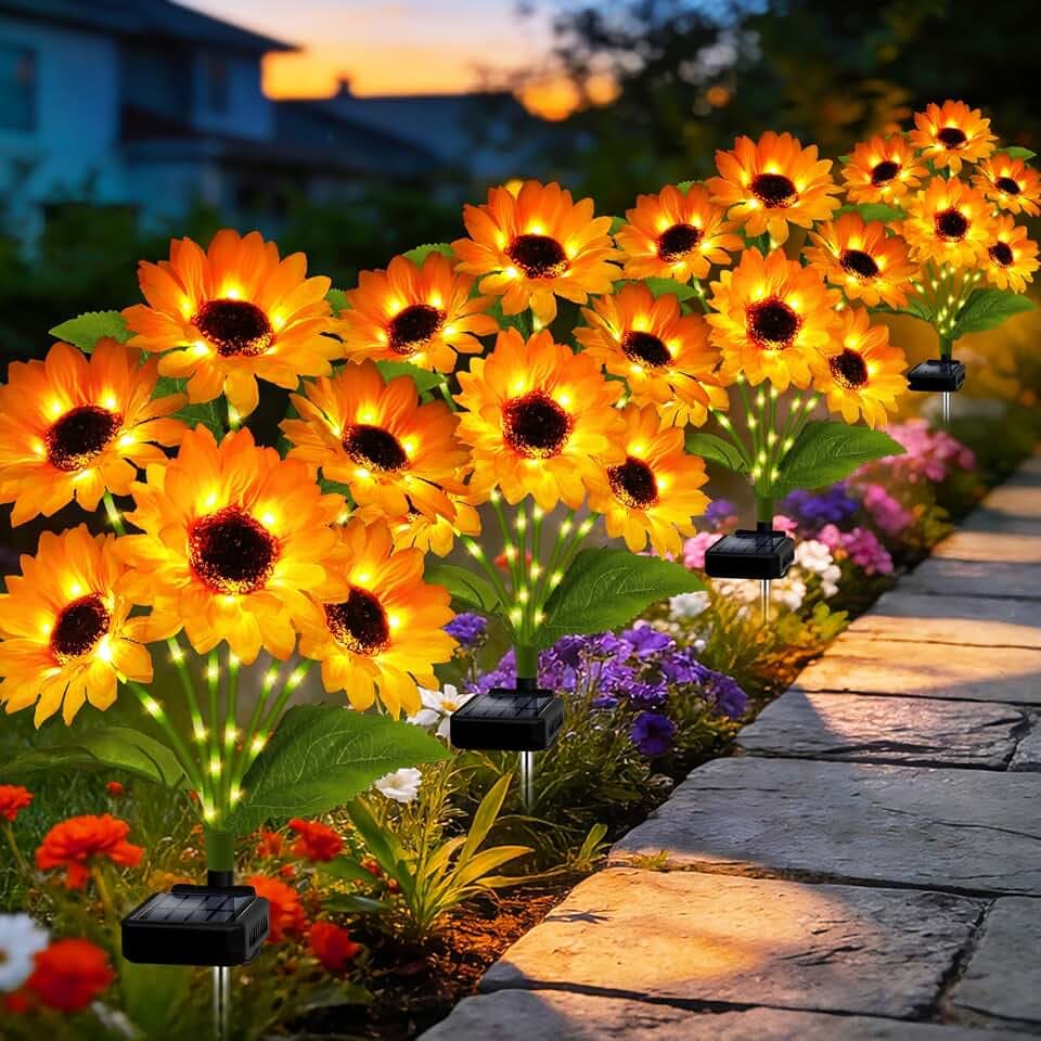 Solar Garden Lights Outdoor, 4 Pack Solar Sunflower Lights with 24 Head 3.5 Inch Flowers, Waterproof Flowers Light Fall Decor Auto ON/Off for Garden Yard Patio Backyard, Gifts for Mom Women